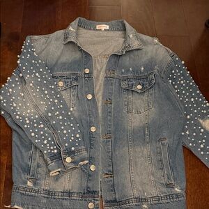 Pearl-Accent Light Blue Denim Jacket - Women